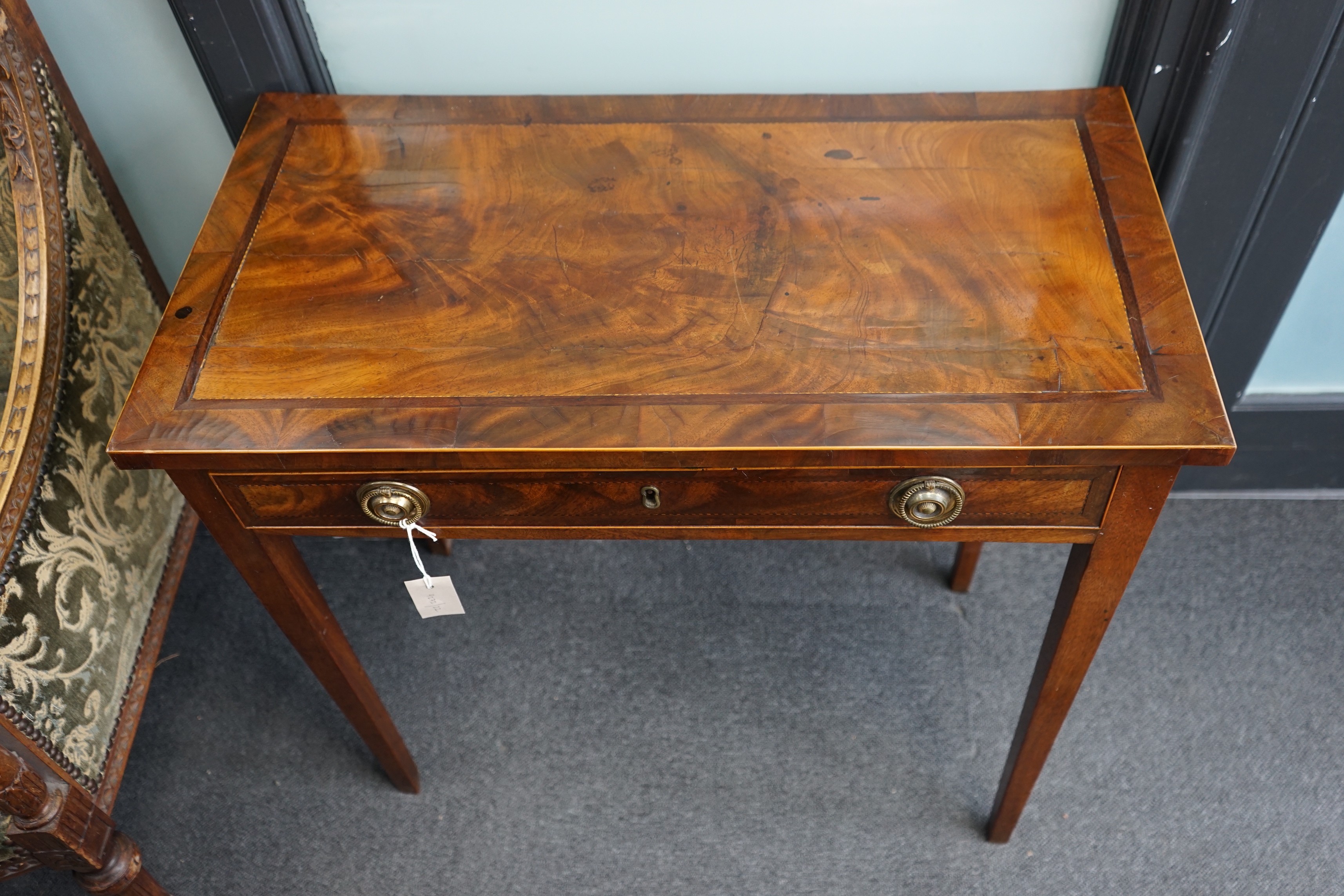 A George III banded mahogany side table, width 75cm, depth 40cm, height 71cm